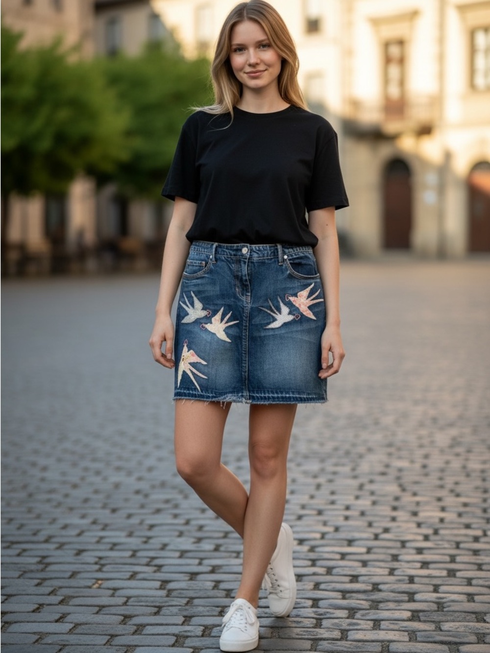 Women's Dark Blue Denim Mini Skirt with Bird Appliqués